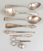 Three Georgian hallmarked silver table spoons, length 22cm weight 169g together with various