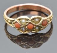Victorian ring set with coral and seed pearls, size N