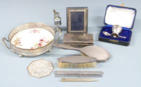 Chinese white metal trinket or dressing table box with engraved decoration to lid, length 12cm,