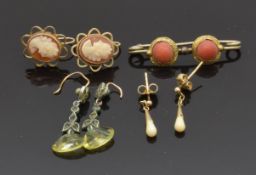 A pair of 9ct gold cameo earrings, 9ct gold earrings and a brooch set with coral