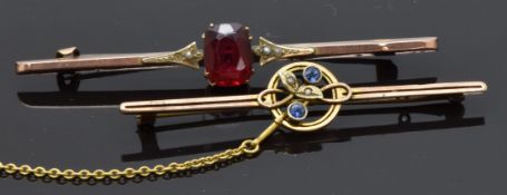 A 9ct gold brooch set with sapphires and seed pearls and 9ct gold brooch set with paste and seed
