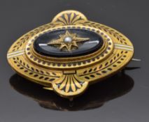 Victorian mourning brooch/ pendant set with black and white enamel, black onyx and a pearl to the