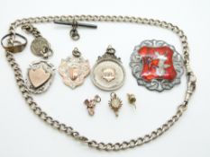 A hallmarked silver albert/ fob, three hallmarked silver fobs with applied gold detail, Siam