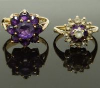 Two 9ct gold rings, one set with amethysts and one set with amethysts and paste, size F/G & I, 5.