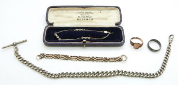 A 9ct rose gold signet ring (4.7g), silver ring, silver Albert/ fob chain, silver bracelet, etc
