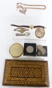 Costume jewellery including watches, albert chain, cameo and Scottish silver brooch