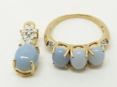 A 9ct gold ring set with three opal cut blue fire opals and diamonds (size N) with matching pendant,