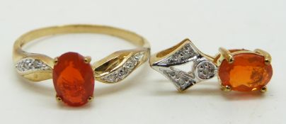 A 9ct gold ring set with a Mexican fire opal and diamonds and a similar pendant, 2.3g, size N