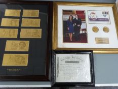 William and Kate commemorative crowns and stamp cover, gold leaf German banknote set and an East