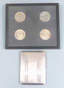 Hallmarked silver cigarette case, Birmingham 1946, length 11.5cm, weight 152g all in and a coin