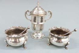 Pair of Walker & Hall hallmarked silver salts raised on three feet, London 1912, together with two