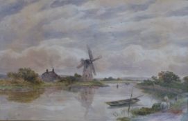John Steeple RI RBSA (1823-1887), watercolour landscape windmill beside a river, signed and dated