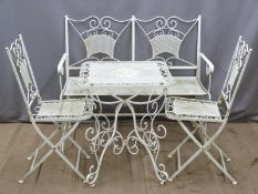 White painted wire work garden table, bench and two chairs, length of bench 114cm