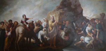 Oil on canvas biblical scene, possibly Moses on the Mount, 79 x 158cm, in textured gilt cushion