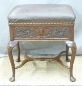 19thC mahogany piano stool with carved frieze, raised on cabriole legs and a child's upholstered