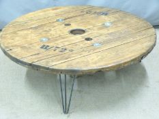 Industrial style coffee table formed from a cable drum side, diameter 110cm