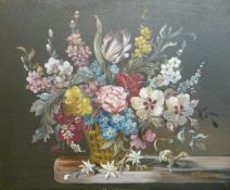 E.Vandermann, oil on canvas still life of flowers with gecko, signed lower right 49 x 59cm