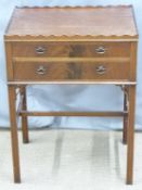 Two drawer mahogany table with gallery top, W50 x D35 x H67cm