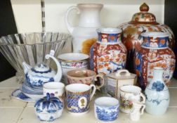 Japanese ginger jar, pair of Imari vases, flared glass pedestal dish etc, tallest 26cm