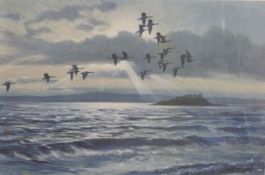 Peter Scott signed print of migrating birds, signed, dedicated and with pencil sketch to margin,