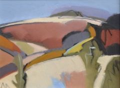 Carolyn White (1945-2013) oil on canvas 'Earth Reds' Slad Valley, with label verso, 28 x 38cm
