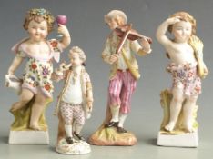 Three 19thC German figures, probably Plaue / Volkstedt and another Meissen style figure playing a