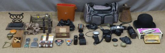 Two 19thC cast iron foot scrapers, binoculars, boxed xylophone, Hohner harmonica, travelling scales,