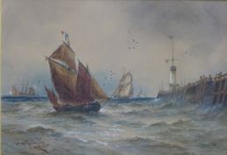 Thomas Bush Hardy, RVA (1842-1897) maritime watercolour of sailing ships, jetty and lighthouse,