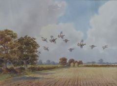 Robert W Milliken (1920-2014) watercolour landscape with partridge in flight, signed lower right, 52