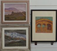 Andrew Quelch (b 1969) three landscapes, two acrylic one pastel, all initialled, largest 18 x 20cm