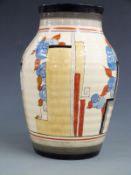 Clarice Cliff Fantasque Bizarre ribbed vase, shape No. 1818, decorated in rare 'Newport' pattern