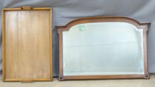 Large oak twin handled tray, length 72cm and wooden framed bevelled edge mirror