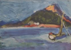 Carolyn White (1945-2013), acrylic Turkish seascape, initialled lower right, 21 x 29cm