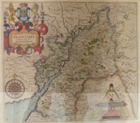 Saxton 17thC map of Gloucestershire with hand colouring, 29 x 33cm