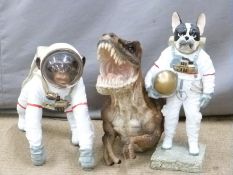 Two novelty space travelling animal models and a dinosaur, height of tallest 37cm
