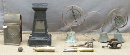 Two vintage railway or similar lamps and two novelty bullet lighters