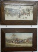 Pair of coaching prints in Arts and Crafts style hammered copper frames with titles, each 53 x