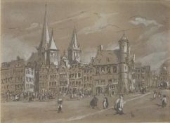 Attributed to Rev. John Louis Petit (1801-1868) pen and gouache 'In Ghent' Belgian townscape, titled