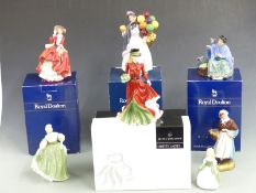 Collection of Royal Doulton figures including Country Lass, Fair Lady, Tuppence a Bag, Top O' The