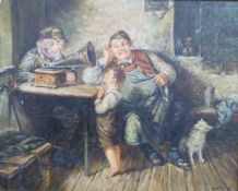 20thC oil on board interior scene, family listening to a gramophone, indistinctly signed lower right