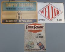Wellco kettle bar double sided enamel sign, Morphy Richards dealer sign and Ever Ready gas lighter