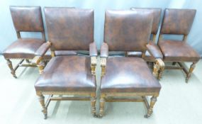 Victorian set of six (2+4) oak upholstered chairs