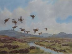 Robert W Milliken (1920-2014) watercolour Scottish or similar landscape with grouse in flight,