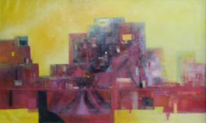 Abstract acrylic on board cityscape, indistinctly signed lower left, 67 x 110cm