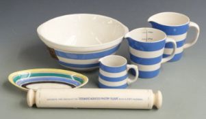 T.G Green Cornishware ceramics, Gray's Pottery oval dish and an advertising ware rolling pin, L