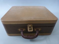 Regentone c1950's portable record player 'Handy-Gram' in brown and beige rexine finish case