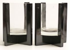 Pair of Art Deco style glass vases with black cross supports, 20.5cm tall.
