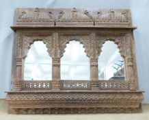 Carved Indian temple / architectural temple piece made into a triptych mirror, 126 x 148cm