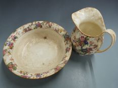 Crown Ducal jug and basin set decorated with flowers, H 27cm, diameter 42cm