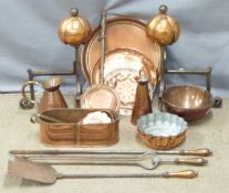 Pair of Arts and Crafts style fire dogs together with a quantity of further copper ware including